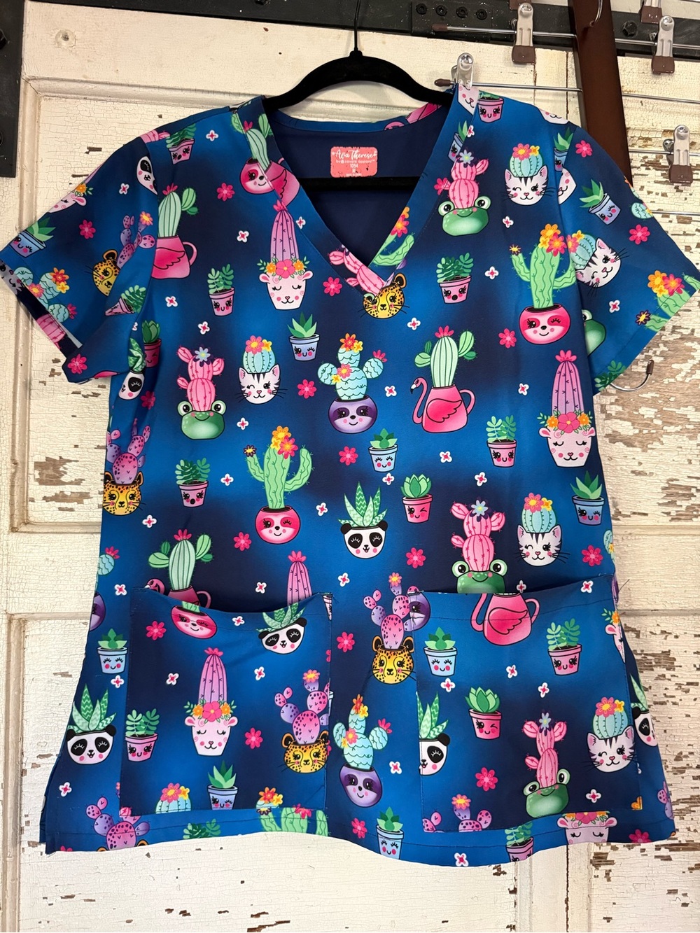 Ava Therese Navy Blue Cactus & Animal Print Scrub Top size medium